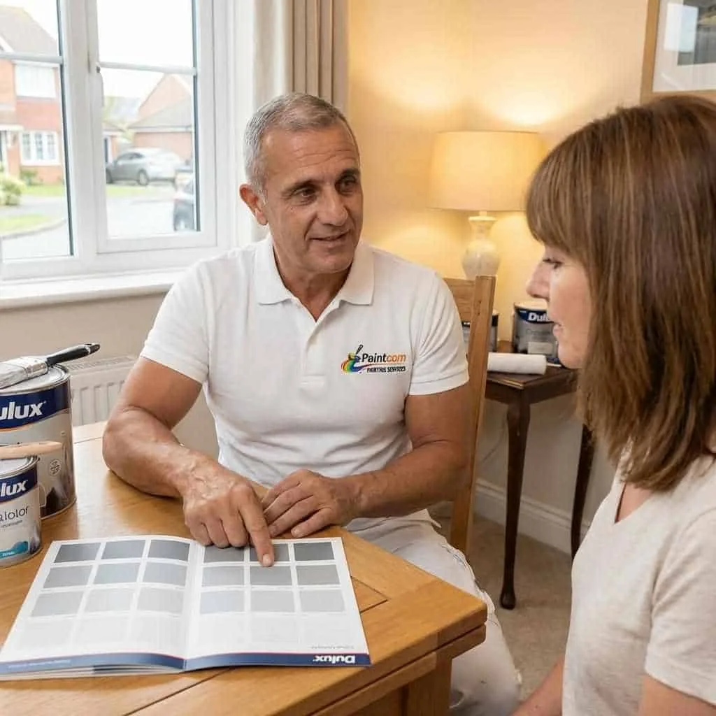 Peter from Paintcom going through options with a customer at their kitchen table