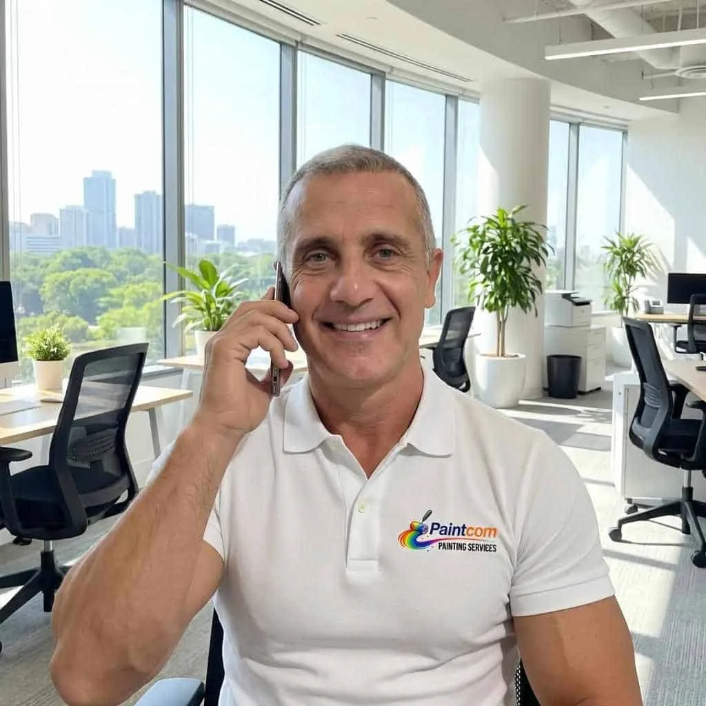 Peter on the phone in a Sydney office being repainted